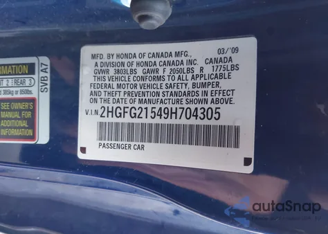 2009 Honda Civic Si из США, поврежденный, VIN 2HGFG21549H704305